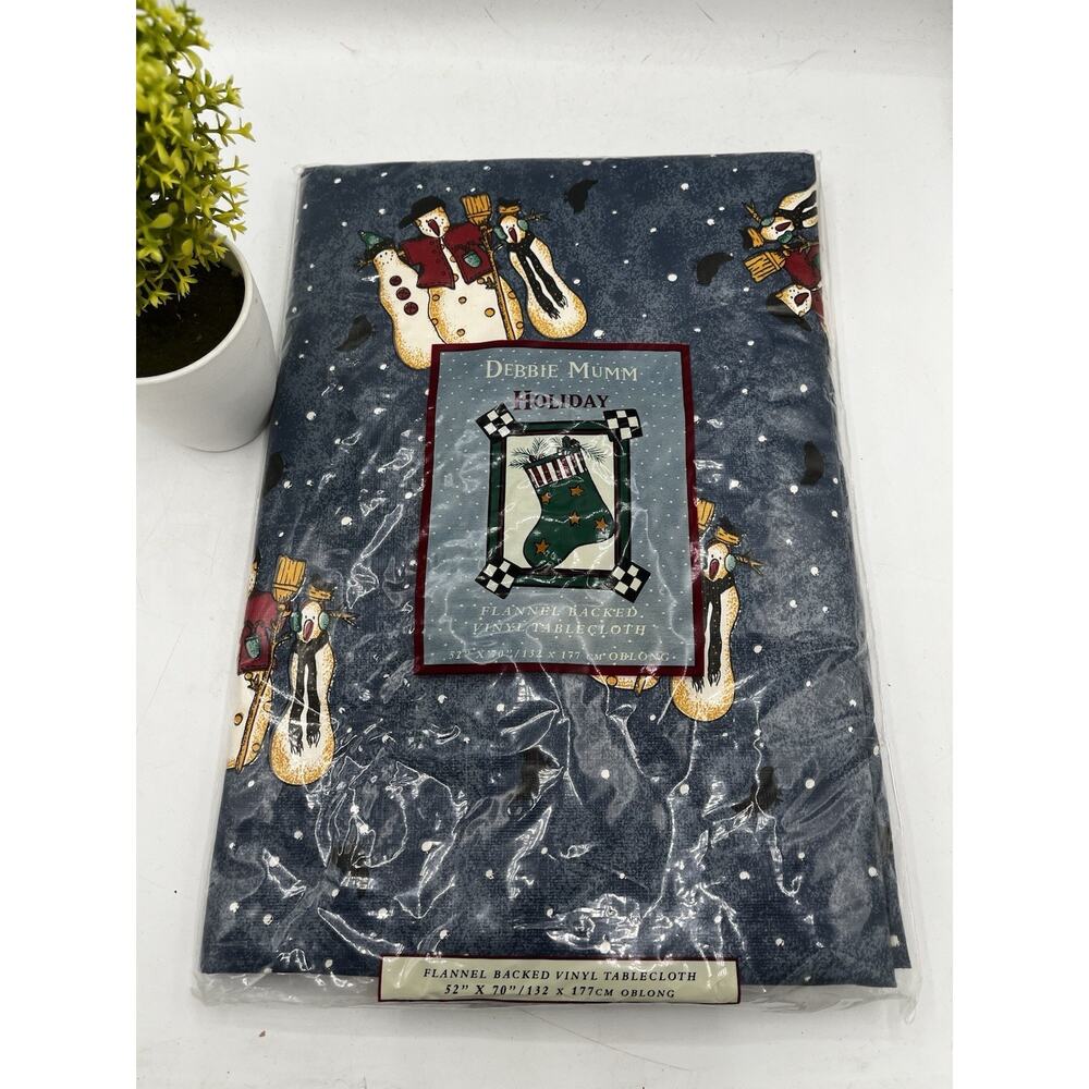 Title: Debbie Mumm Holiday Snowman Flannel Back Vinyl Tablecloth 52x70 NIP